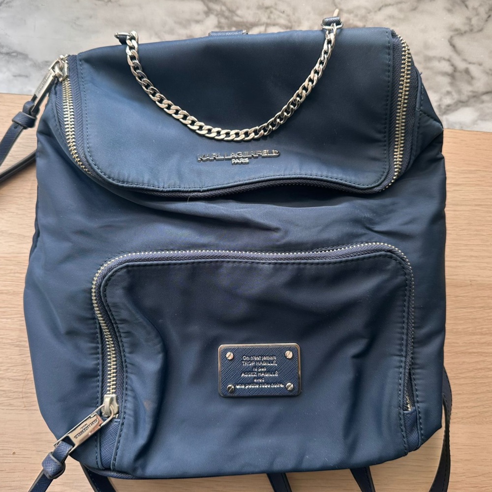 Karl Lagerfeld Dark Blue Backpack with Silver Accents